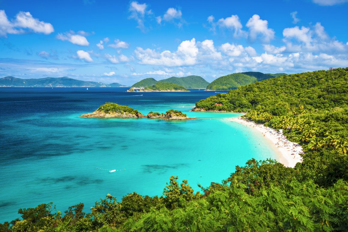 Overhead view of USVI coastline in St. Thomas during spring break