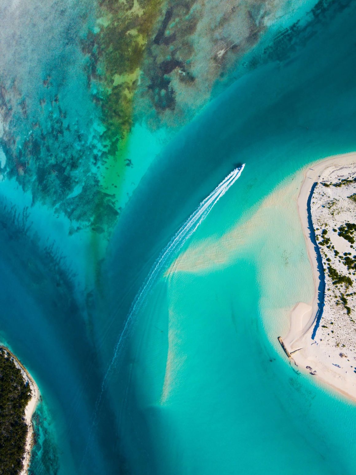 Aerial view of a boat in Turks and Caicos