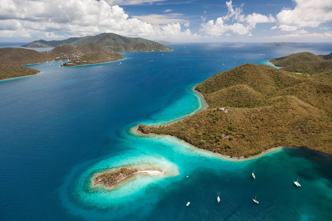 Aerial view of the land and sea of Tortola, British Virgin Islands
