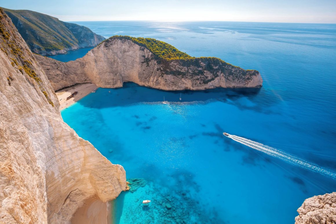 An electric boat cruising in Zakynthos, Greece