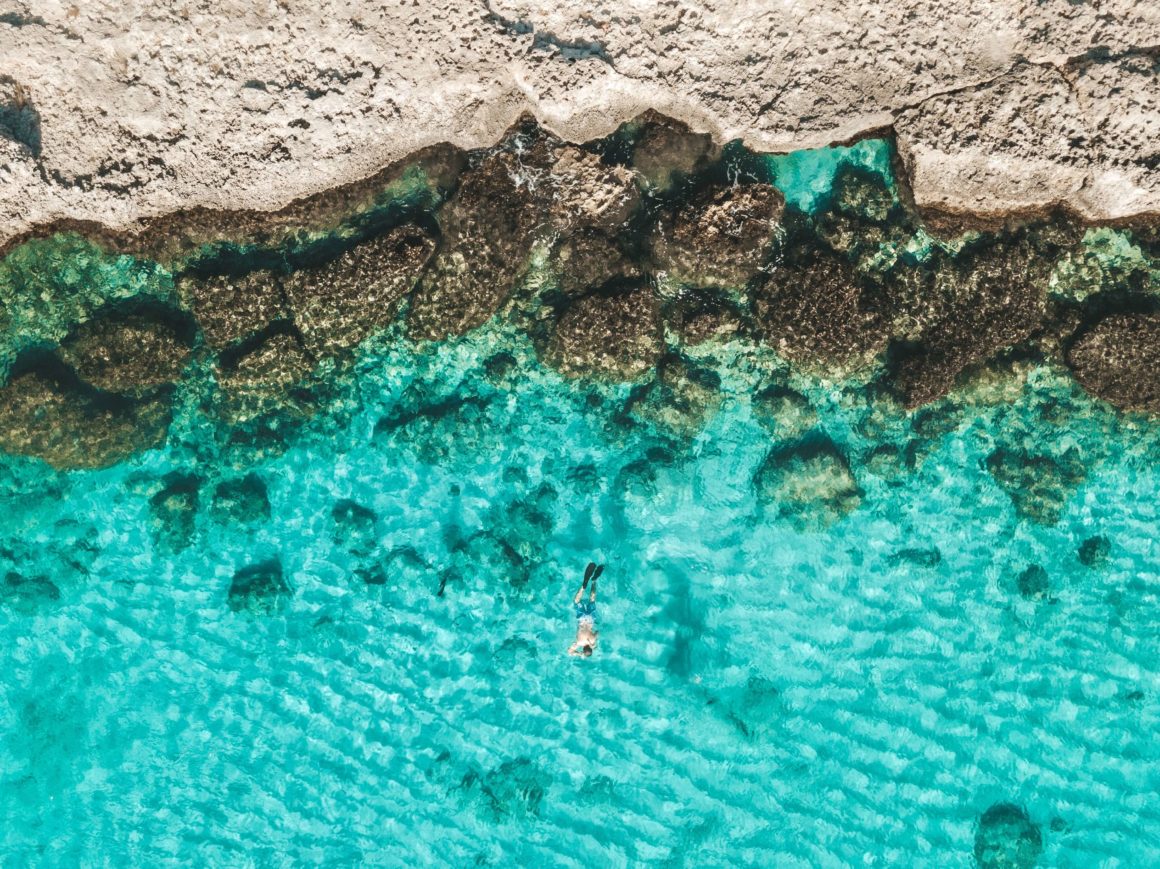 Aerial view of a man snorkeling in the shallow water of Aruba