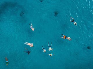 Aerial view of people snorkeling in the Caribbean