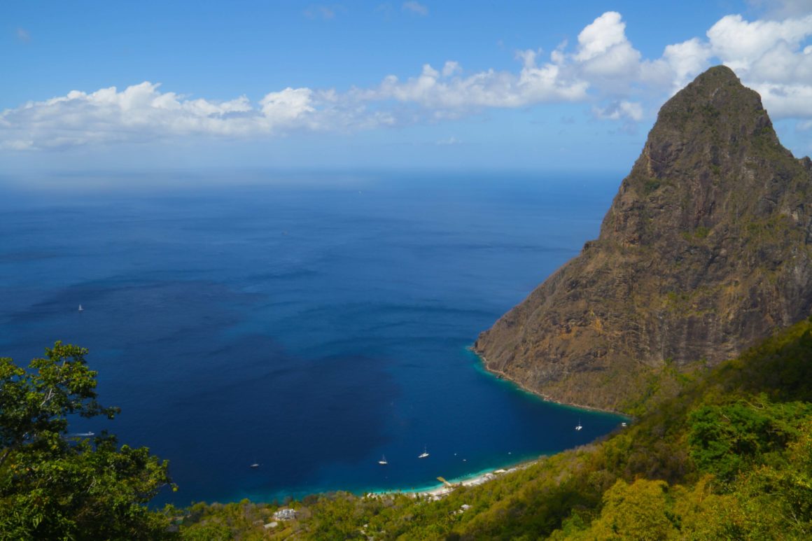 View of the mountainous and lush terrain and sea in Saint Lucia