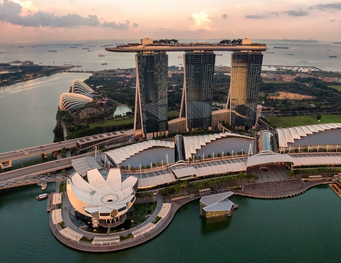 Aerial view of the skyscrapers at Marina Bay in Singapore