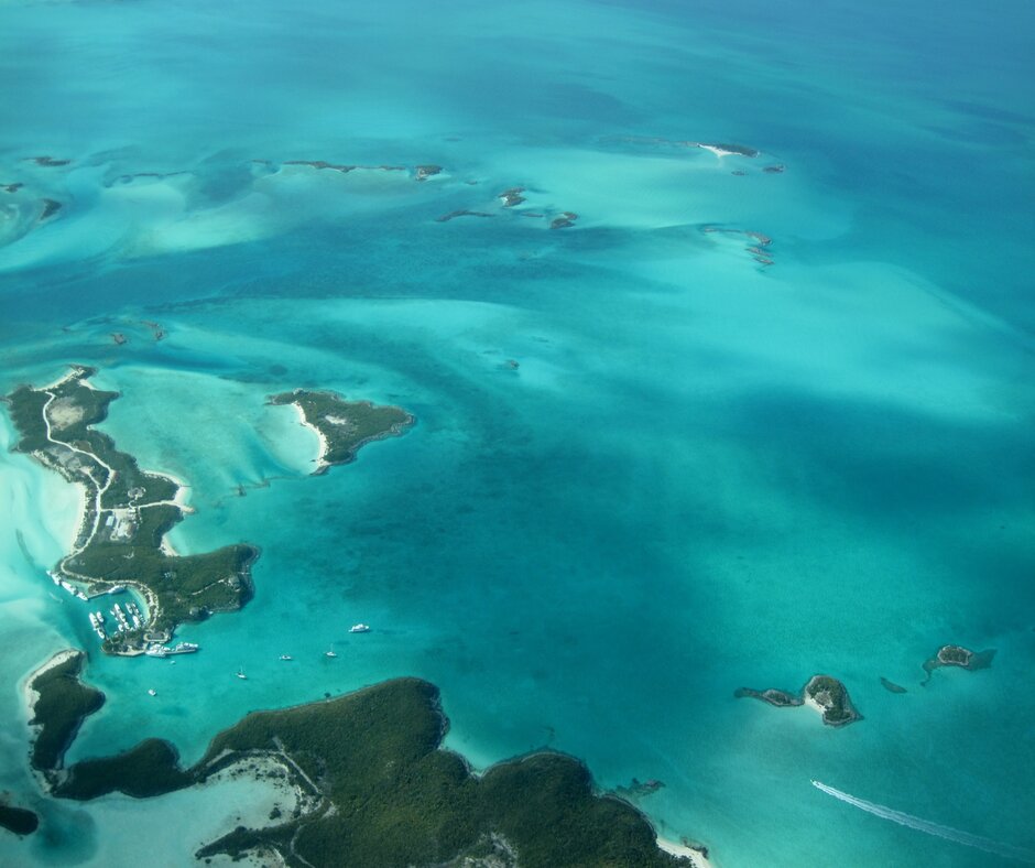 An areal view of the bluish-green waters of the Bahamas great for snorkeling or scuba diving 