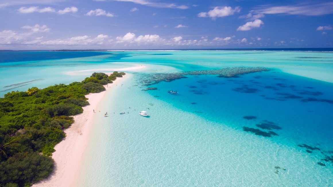 An areal view of the stunning crystal clear and blue waters of Maldives