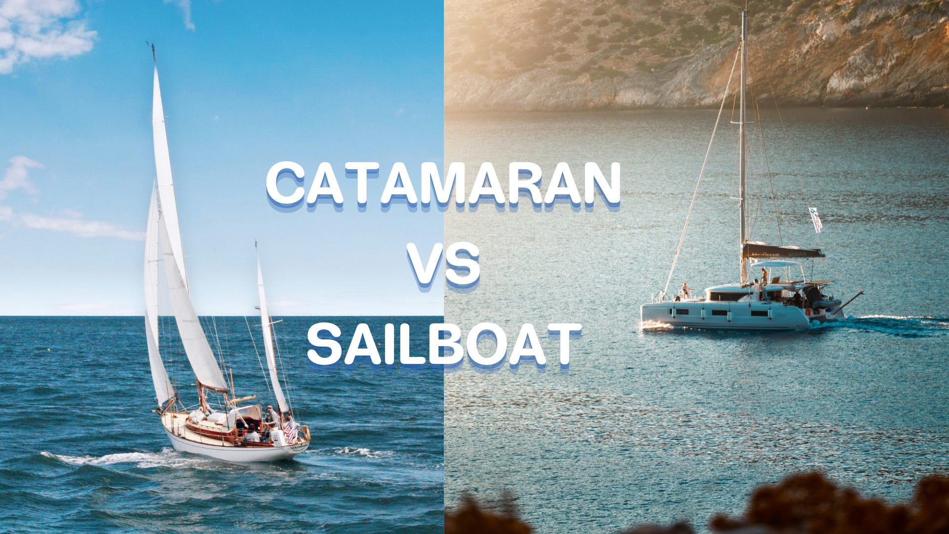 Sailboat and catamaran sailing on blue water.
