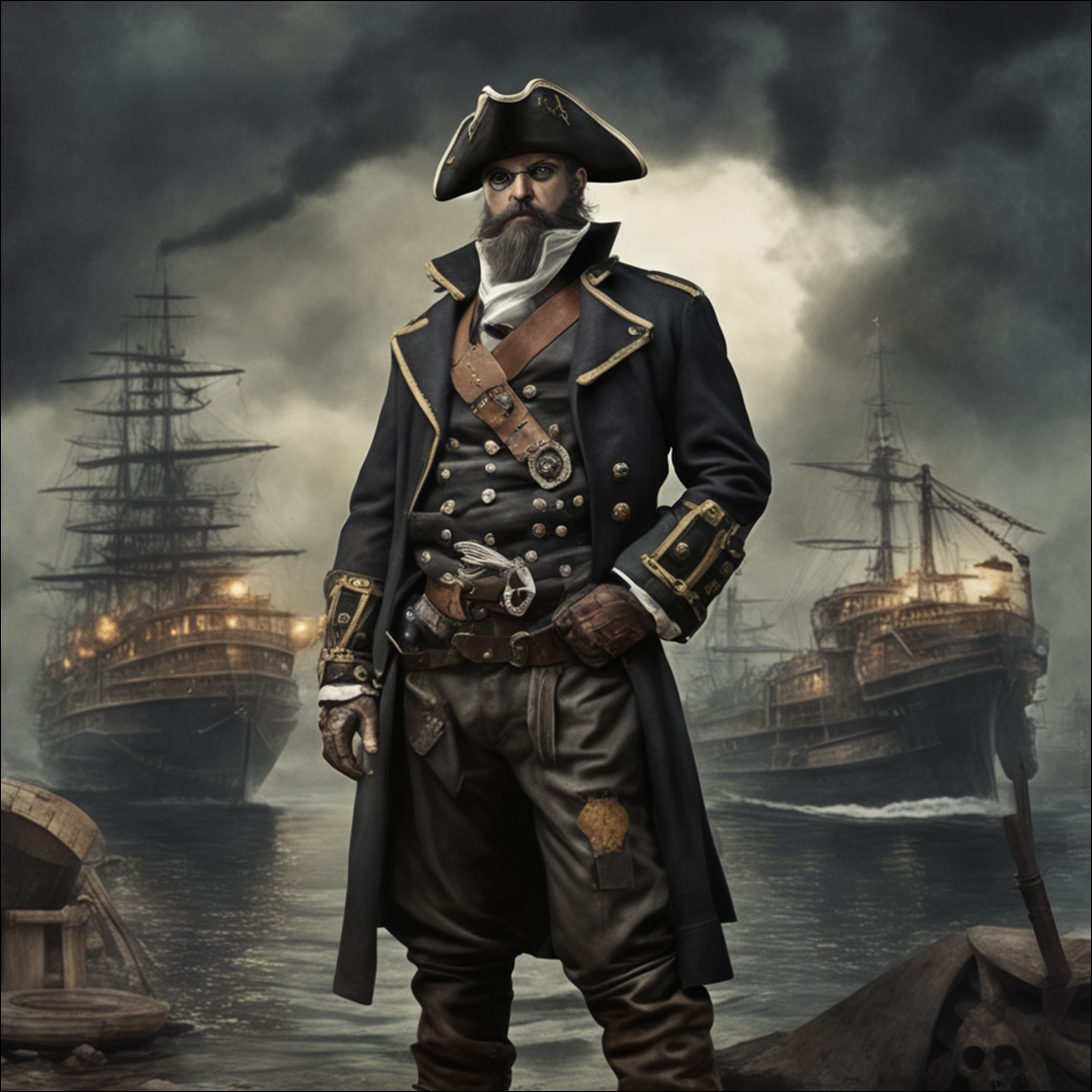 Illustration artistique d'un capitaine corsaire ou pirate du 18ème siècle debout devant des navires anciens dans la brume.