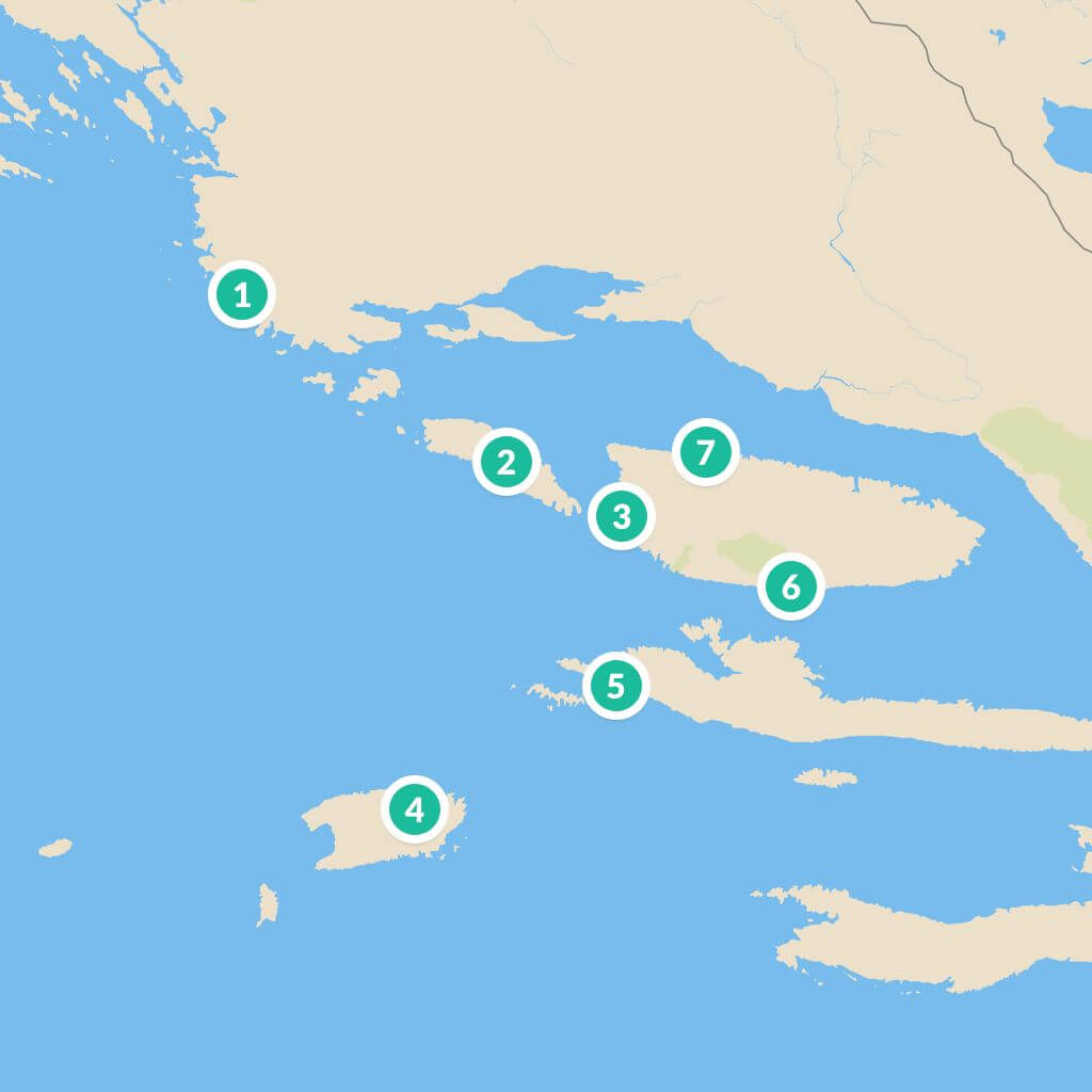 Itinéraire bateau Primošten-Šolta-Brač-Vis-Hvar-Bol-Supetar