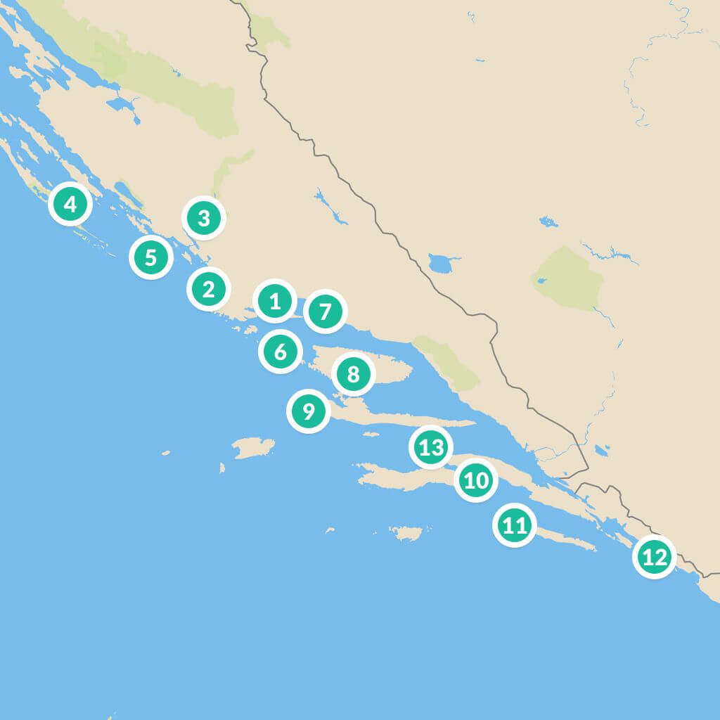 Trogir-Primosten-Skradin-Zut-Kornati-Telascica-Kaprije-Solta-Split-Bol-Hvar-Korcula-Pomena-Dubrovnik-Loviste-Trogir