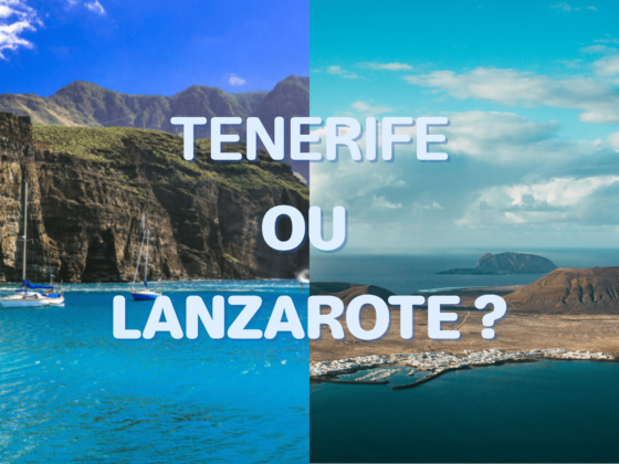 Comparaison entre Lanzarote et Tenerife : montage montrant un paysage volcanique de Lanzarote à gauche et les falaises de Los Gigantes à Tenerife à droite, avec le texte “Lanzarote ou Tenerife ?”.