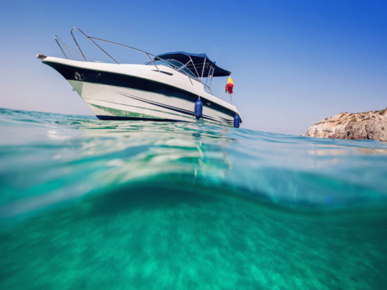 Avant d’un bateau à moteur naviguant sur une mer calme, proche d’une côte verdoyante