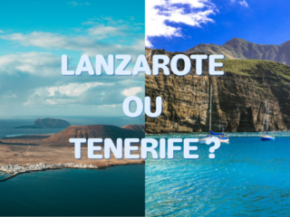 Comparaison entre Lanzarote et Tenerife : montage montrant un paysage volcanique de Lanzarote à gauche et les falaises de Los Gigantes à Tenerife à droite, avec le texte “Lanzarote ou Tenerife ?”.