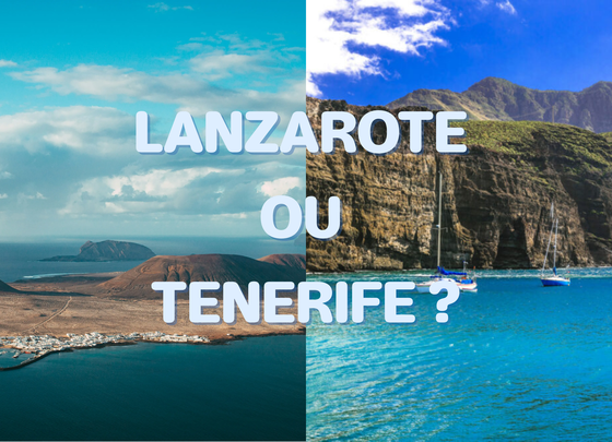 Comparaison entre Lanzarote et Tenerife : montage montrant un paysage volcanique de Lanzarote à gauche et les falaises de Los Gigantes à Tenerife à droite, avec le texte “Lanzarote ou Tenerife ?”.