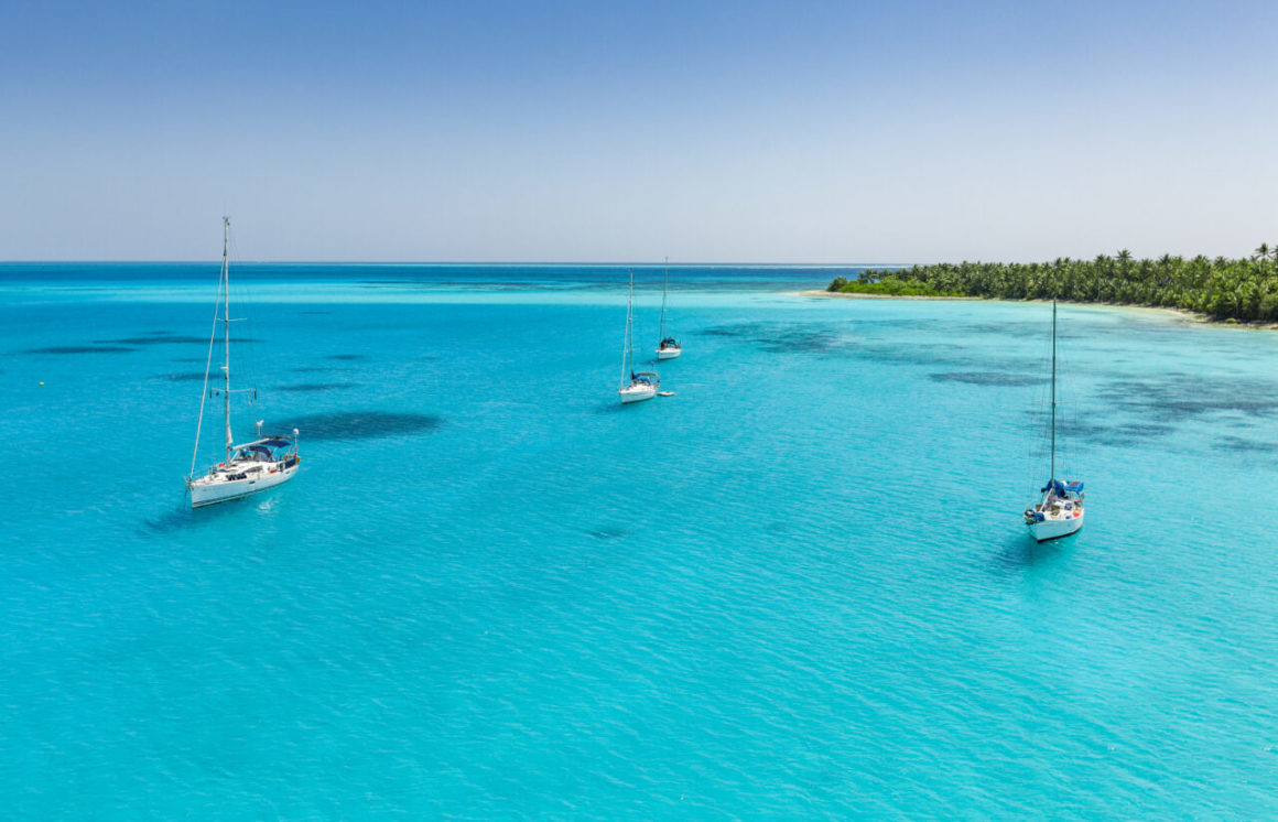 Voiliers au mouillage dans une eau turquoise près d’une île bordée de palmiers
