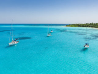 Voiliers au mouillage dans une eau turquoise près d’une île bordée de palmiers