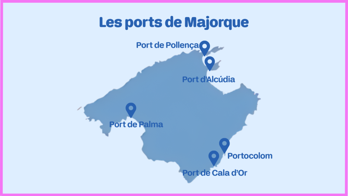 Map of Mallorca showing the main ports: Palma, Alcúdia, Pollença, Cala d’Or and Portocolom.