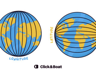 Illustration comparant les lignes de longitude (verticales) et de latitude (horizontales) sur un globe, avec le logo Click&Boat.