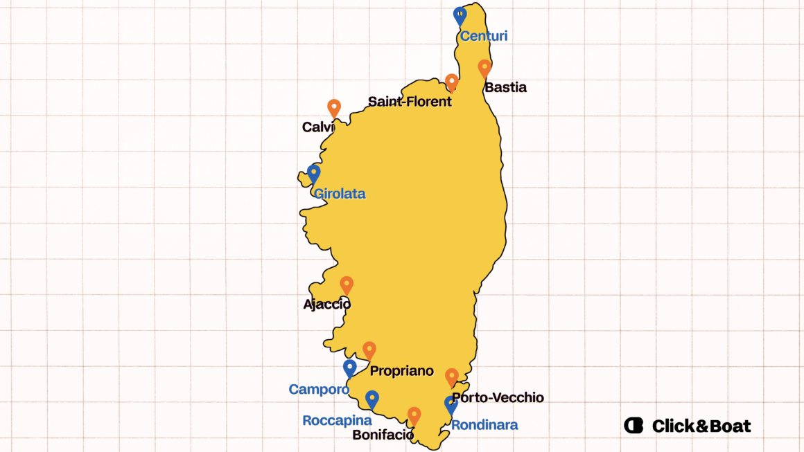 Carte de la Corse indiquant les principaux ports et les 5 meilleurs mouillages recommandés par Click&Boat (Girolata, Centuri, Roccapina...).