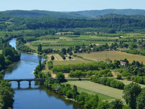 Vue panoramique verdoyante d'un fleuve serpentant à travers la campagne française sous un ciel bleu.
