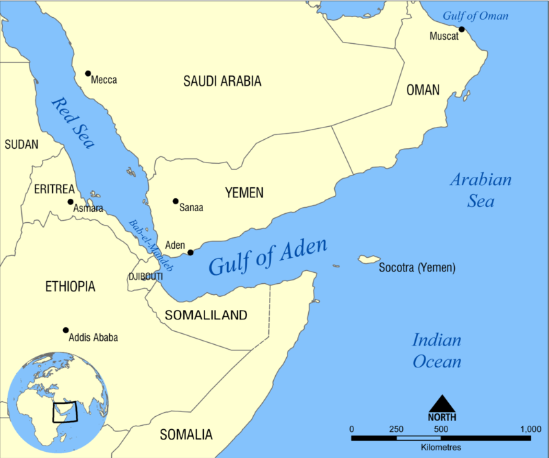 Carte géographique montrant le Golfe d'Aden situé entre le Yémen et la Somalie.