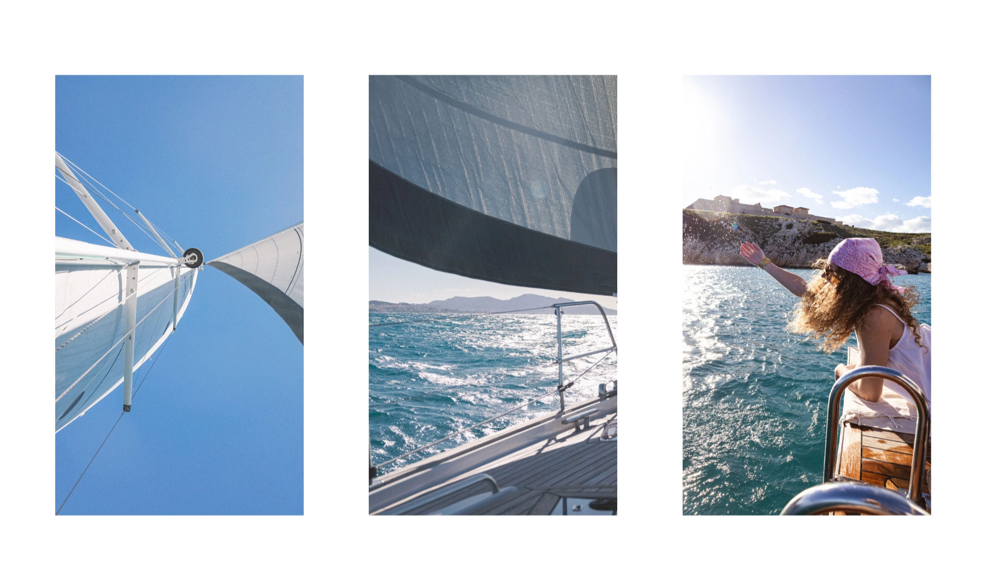Voile de bateau sous ciel bleu
Vue mer depuis un voilier
Personne sautant d’un bateau en mer