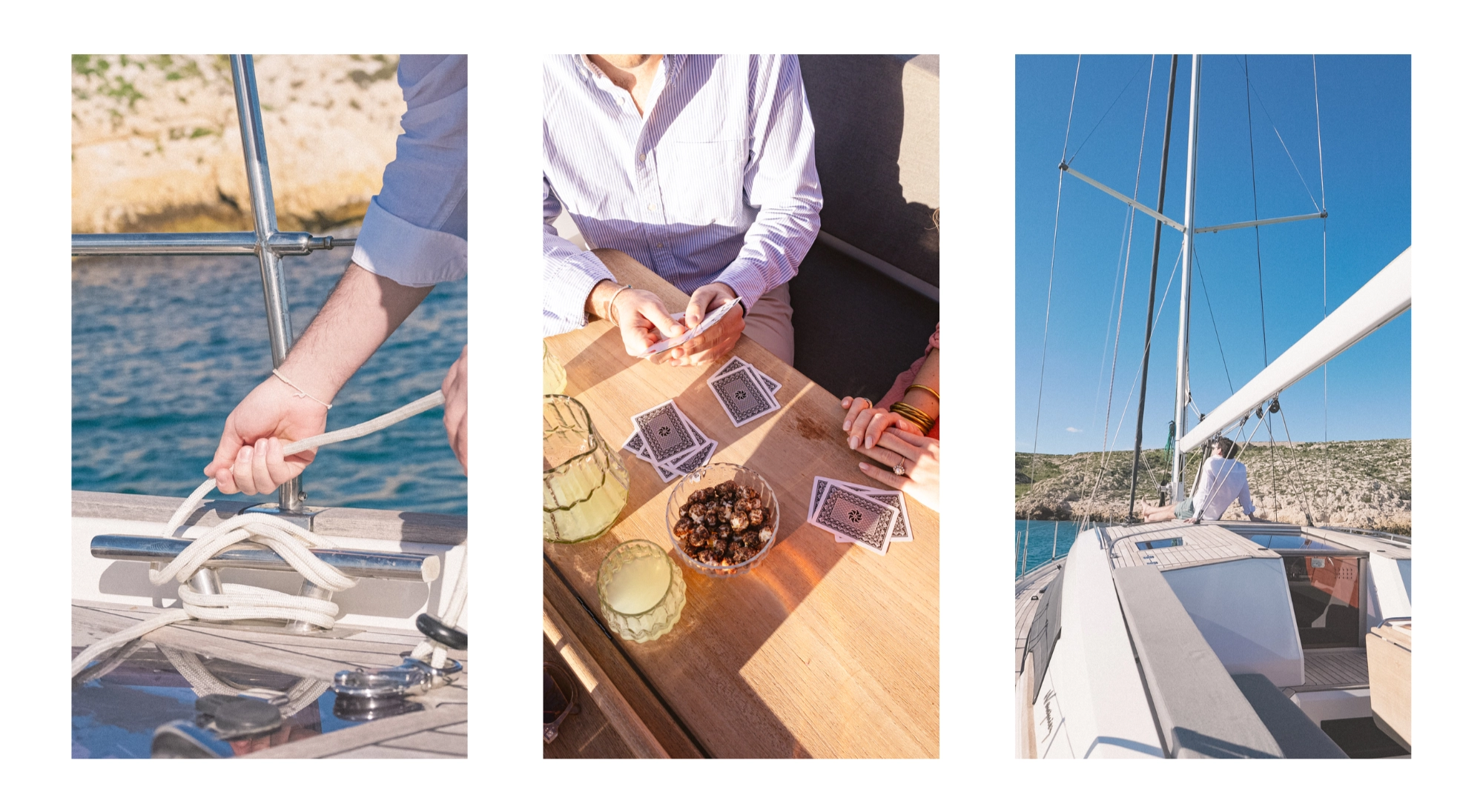 Amarrage bateau avec cordage en mer
Amis jouant aux cartes sur un bateau
Voilier en navigation en Méditerranée